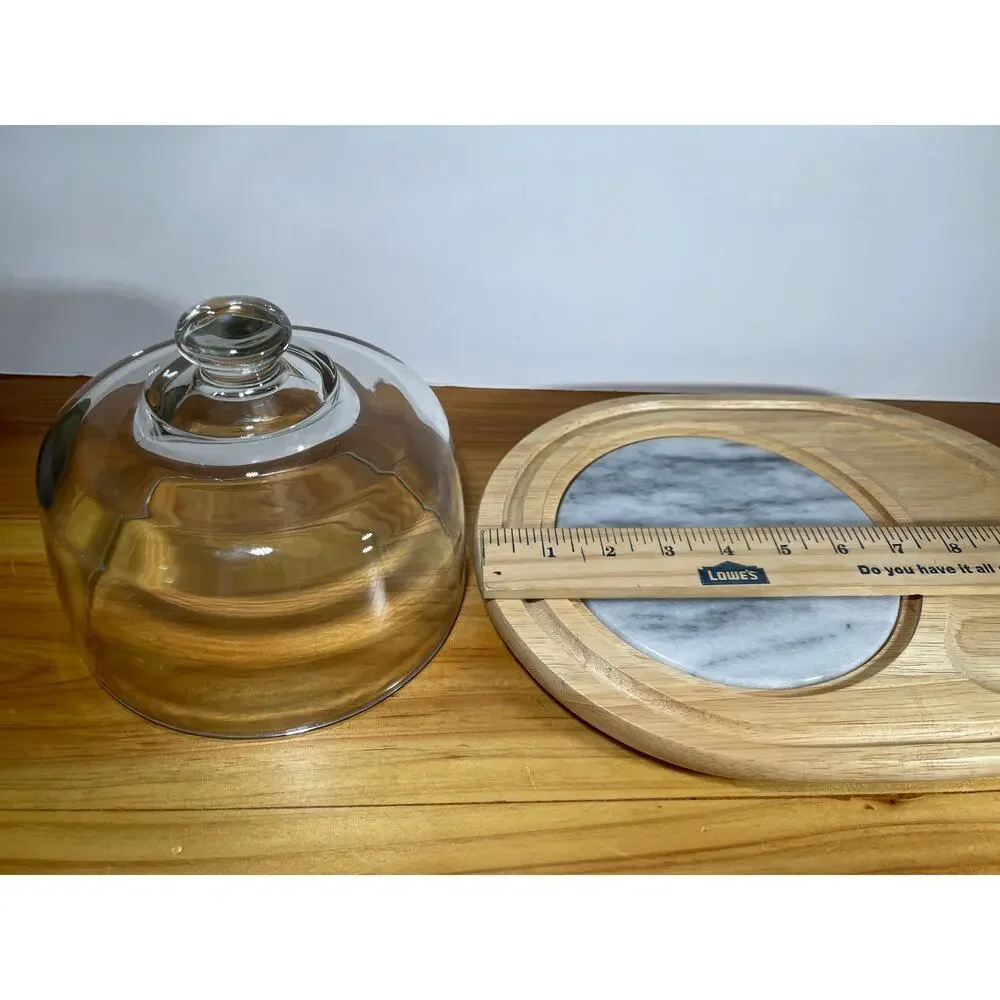 Vintage Teakwood Cheese Server with Glass Dome Marble Center
